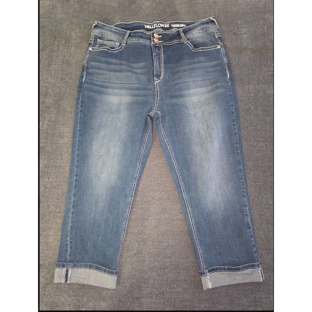WallFlower Luscious Curvy Fit Star Embroidered Crop Jeans Blue Denim Size 18